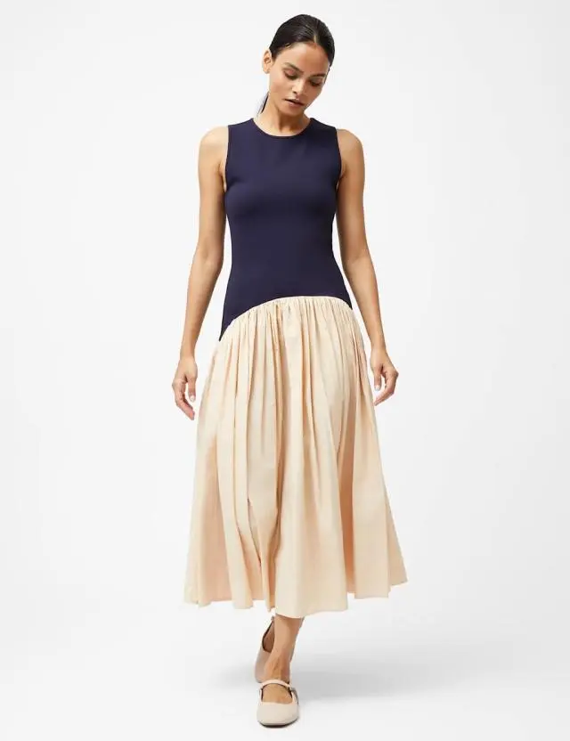 French Connection Women's Round Neck Mix Pleated Midi Drop Waist Dress