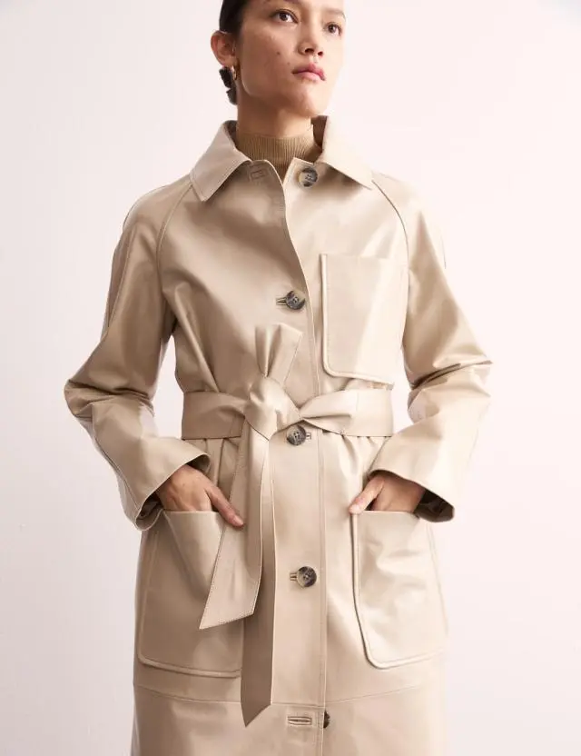 Jaeger Women's Leather Belted Single Breasted Trench Coat
