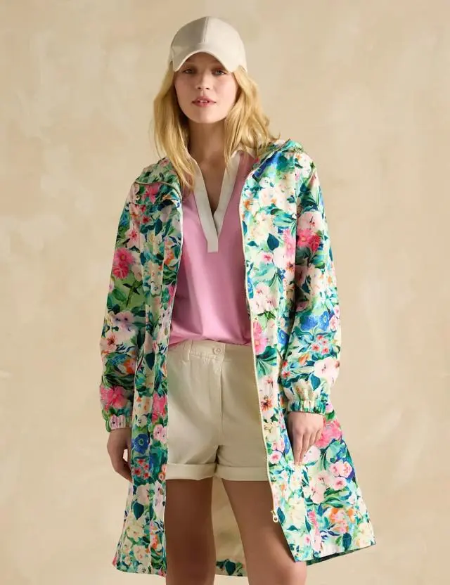 Joules Women's Waterproof Floral Hooded Longline Raincoat