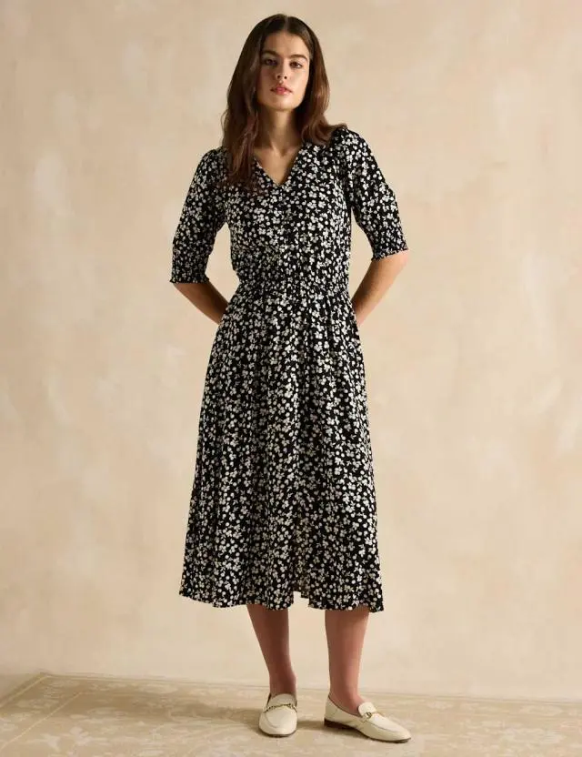 Joules Women's Floral V-Neck Midi Waisted Dress