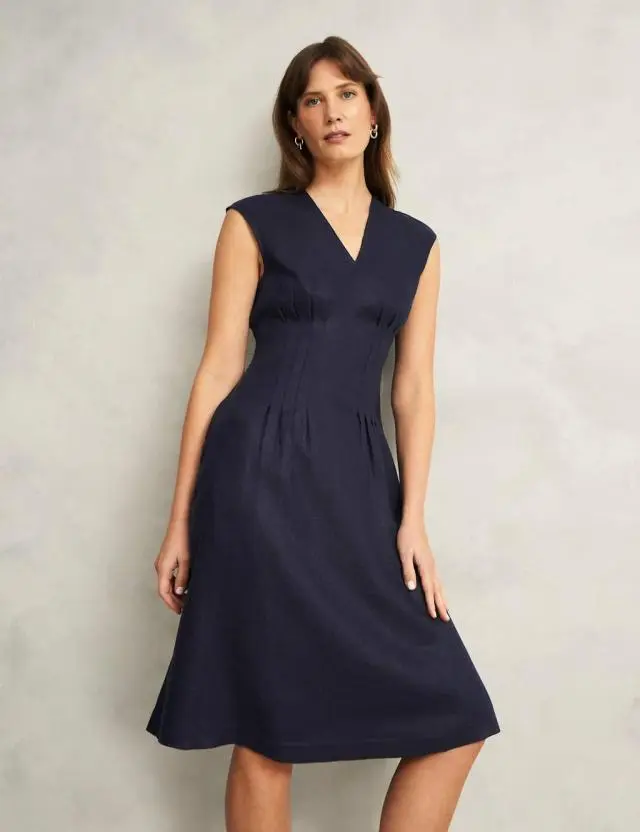 Hobbs Women's Pure Linen V-Neck Knee Length Skater Dress