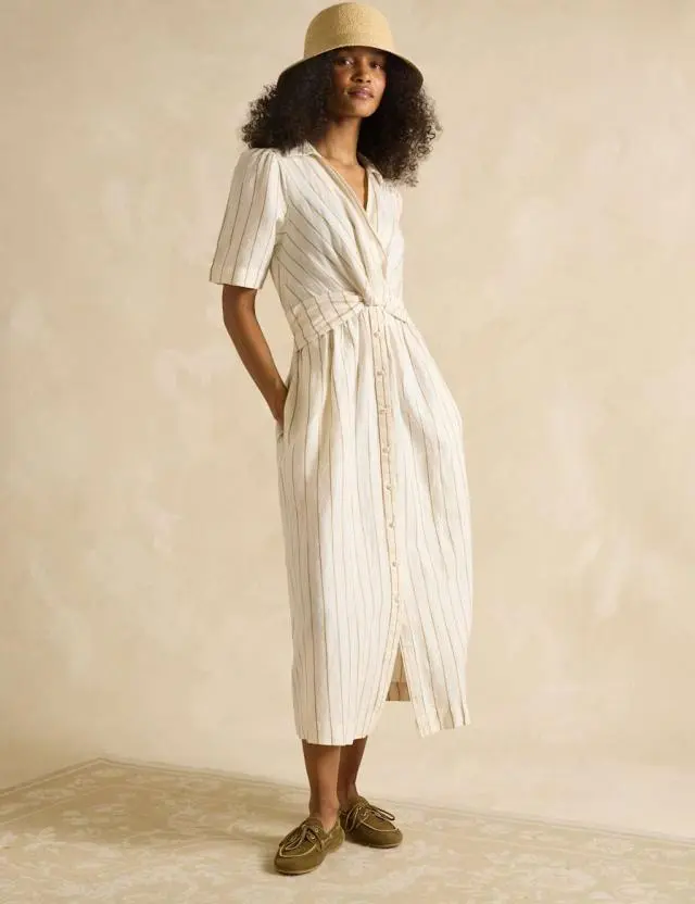 Joules Women's Linen Rich Striped V-Neck Twist Front Midaxi Shirt Dress