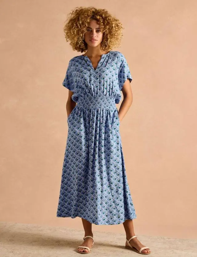 Joules Women's Floral Notch Neck Midaxi Waisted Dress