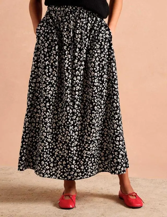 Joules Women's Floral Monochrome Midaxi A-Line Skirt