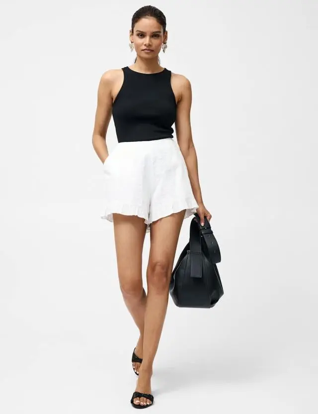 French Connection Women's Pure Cotton High Waisted Frill Hem Shorts