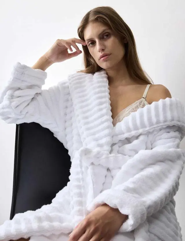 Autograph Pure Cotton Towelling Ribbed Dressing Gown White