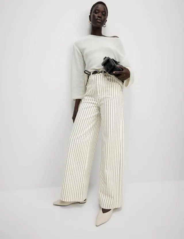 M&S Pure Cotton Striped Wide Leg Trousers White Mix