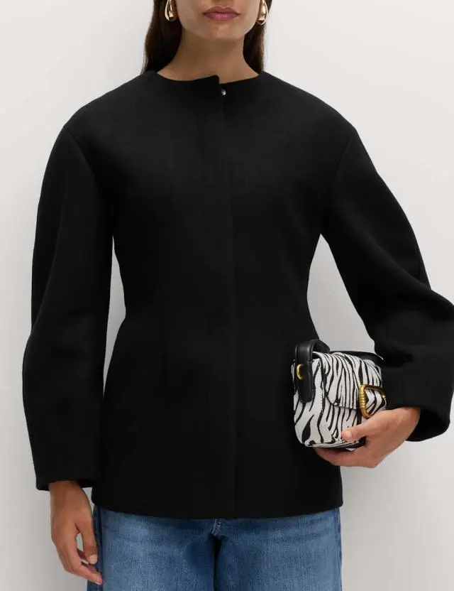 M&S Women's Waisted Collarless Tailored Coat with Wool