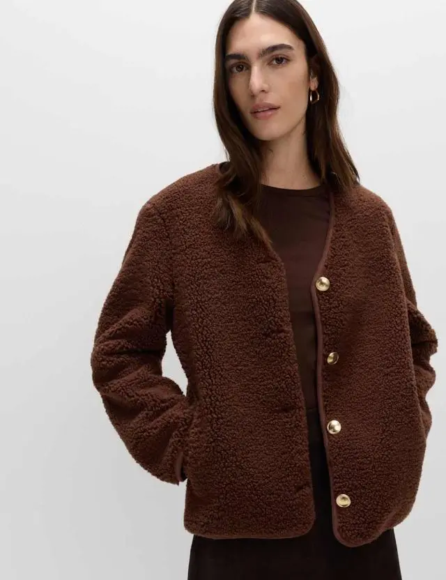 M&S Women's Borg Gold Button Relaxed Jacket
