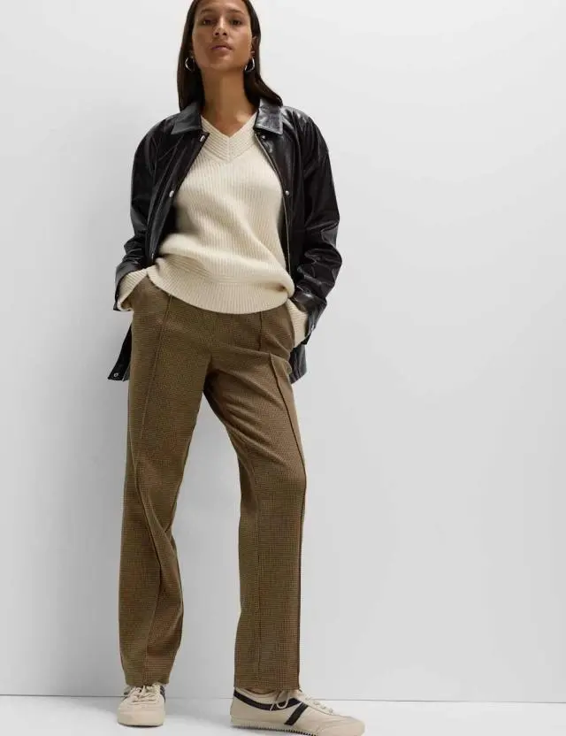 M&S Women's Jersey Twill Checked Straight Leg Trousers