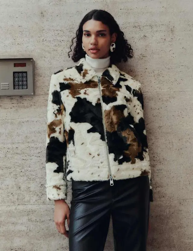 M&S Women's Faux Fur Cow Print Trucker Jacket