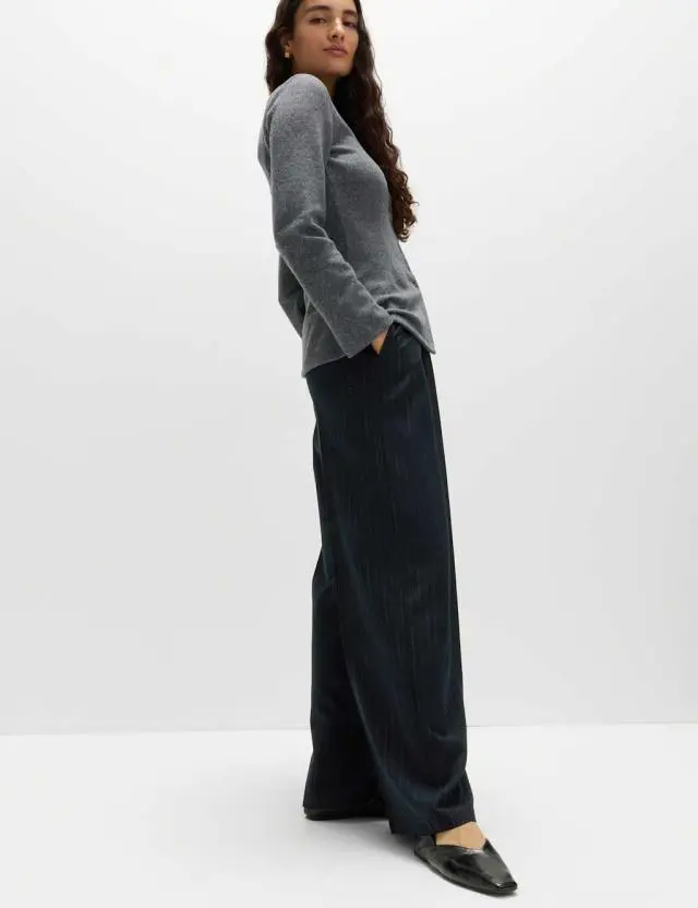 M&S Pinstripe Single Pleat Wide Leg Trousers Navy Mix