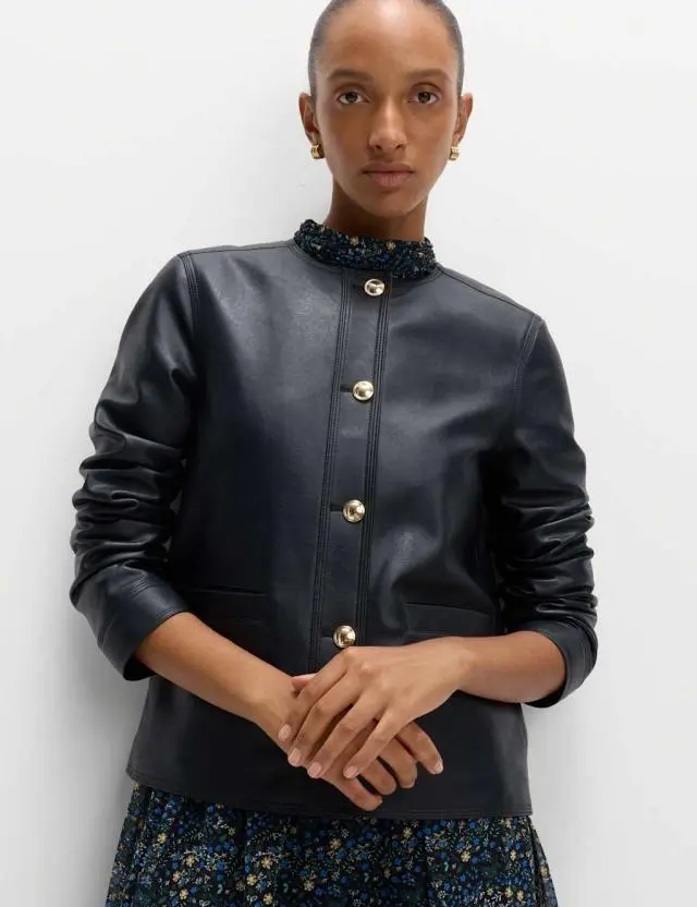 M&S Women's Faux Leather Collarless Jacket