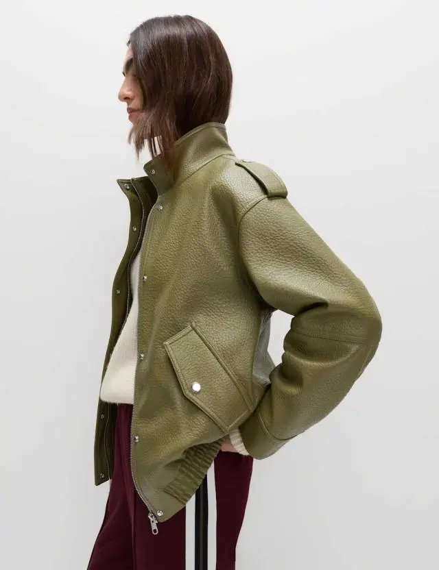 M&S Women's Faux Leather Textured Longline Bomber Jacket