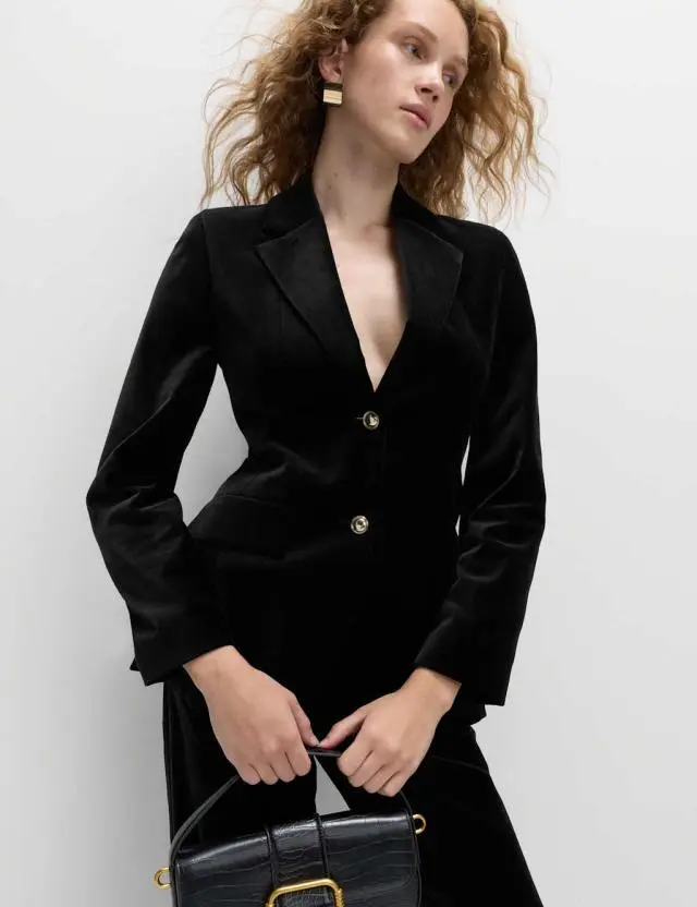 M&S Women's Cotton Rich Velvet Waisted Tailored Blazer