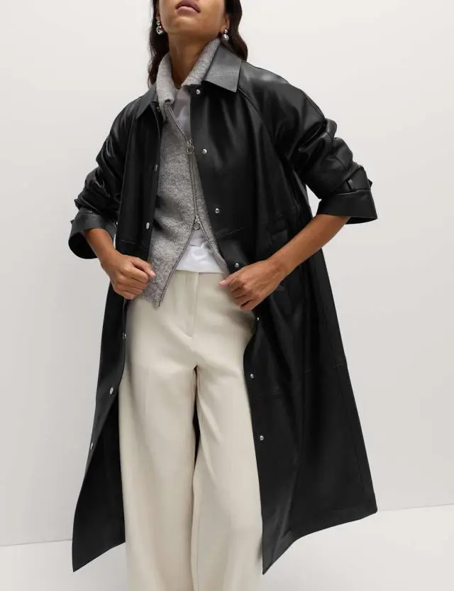 M&S Women's Faux Leather Collared Longline Car Coat