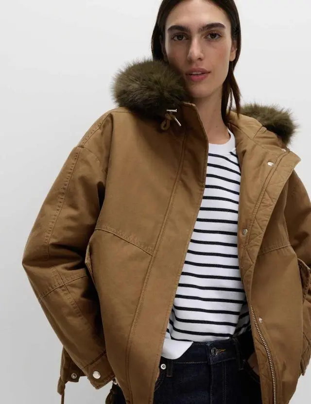M&S Women's Pure Cotton Faux Fur Trim Parka Coat