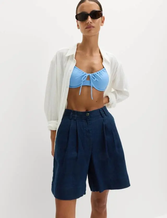 M&S Pure Linen High Waisted Shorts Navy