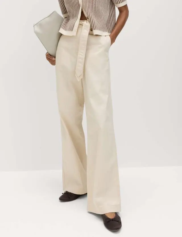 M&S Pure Cotton Belted Straight Leg Trousers Calico