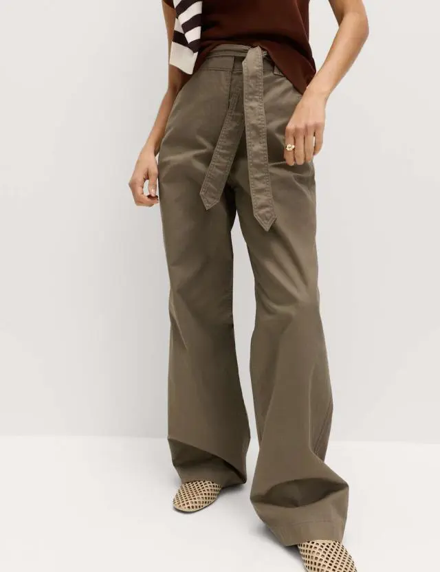 M&S Pure Cotton Belted Straight Leg Trousers Mocha