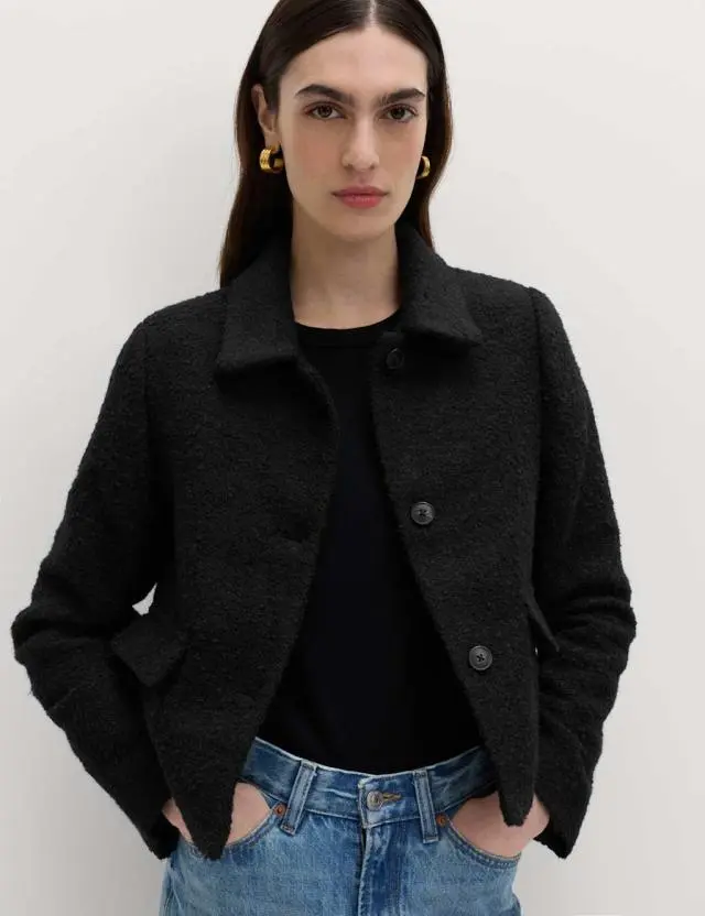 M&S Tweed Textured Collared Jacket with Wool Black