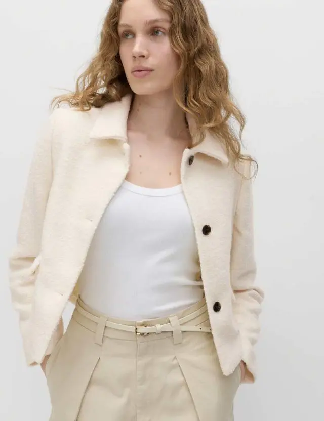 M&S Tweed Textured Collared Jacket with Wool Ivory