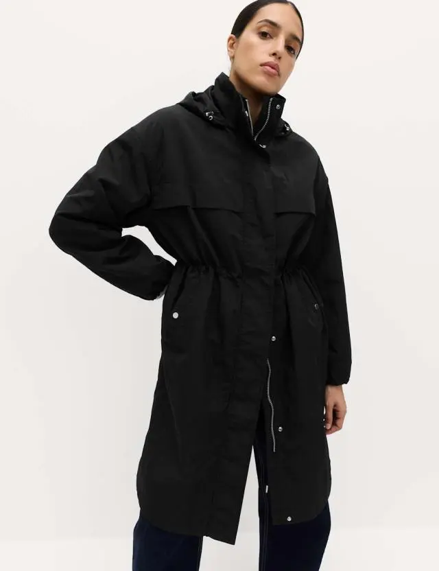M&S Shower Resistant Lightweight Hooded Longline Utility Parka Black