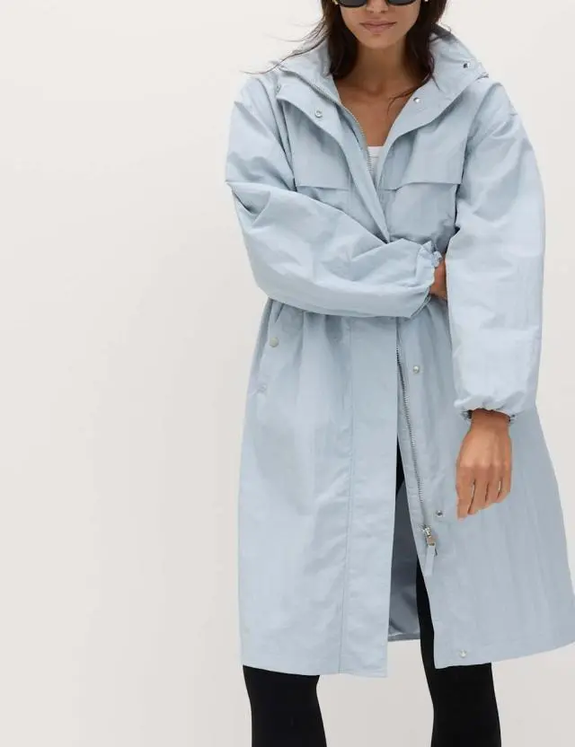 M&S Shower Resistant Lightweight Hooded Longline Utility Parka Faded Blue