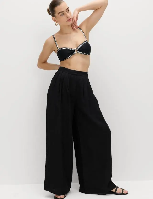 M&S Pure Linen Wide Leg Trousers Black
