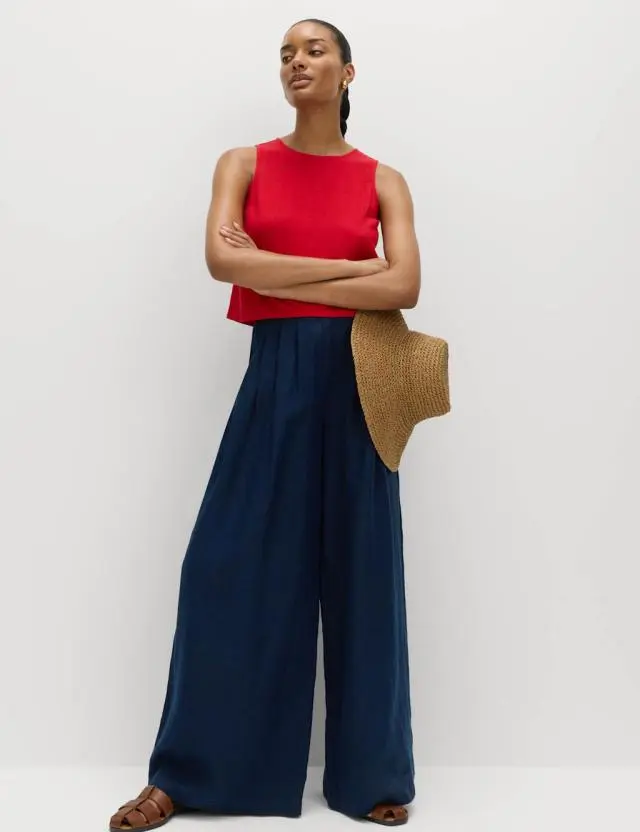 M&S Pure Linen Wide Leg Trousers Navy