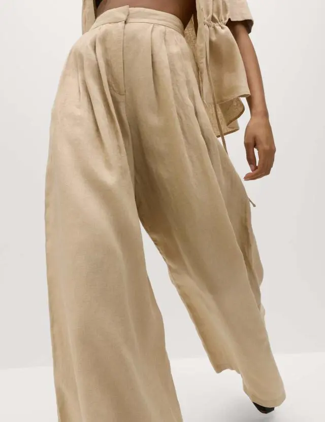 M&S Pure Linen Wide Leg Trousers Sandstone
