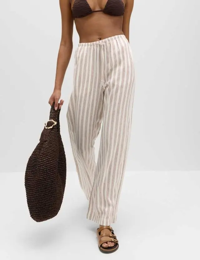 M&S Linen Rich Drawstring Wide Leg Trousers Brown Mix