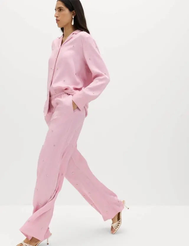 M&S Satin Embellished Relaxed Straight Trousers Pink