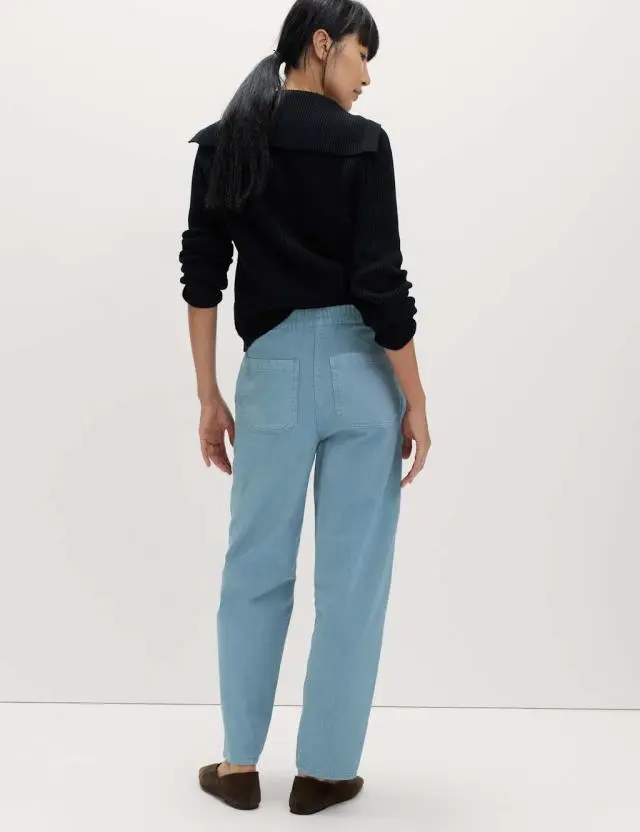 M&S Pure Cotton Elasticated Waist Carrot Leg Trousers Blue