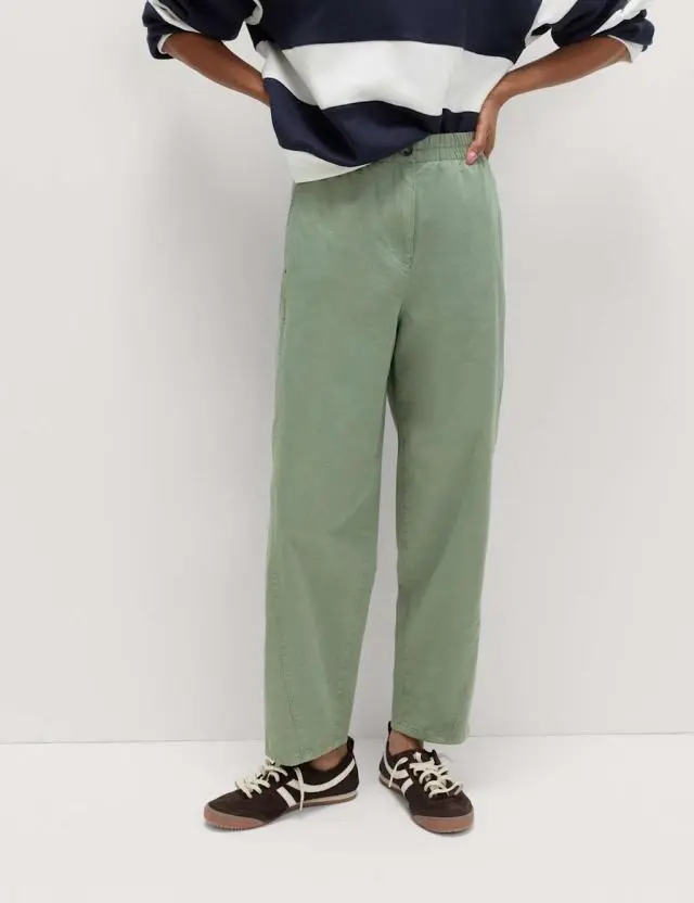 M&S Pure Cotton Elasticated Waist Carrot Leg Trousers Khaki
