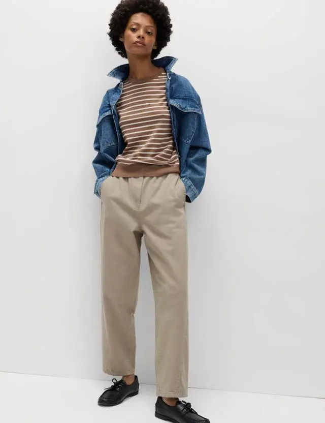 M&S Pure Cotton Elasticated Waist Carrot Leg Trousers Putty