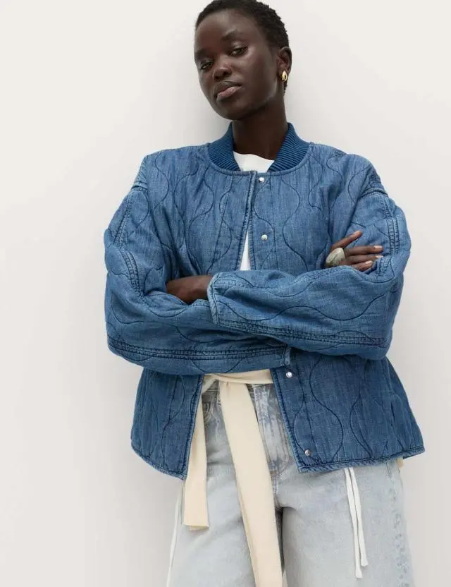 M&S Pure Cotton Quilted Waisted Jacket Medium Indigo