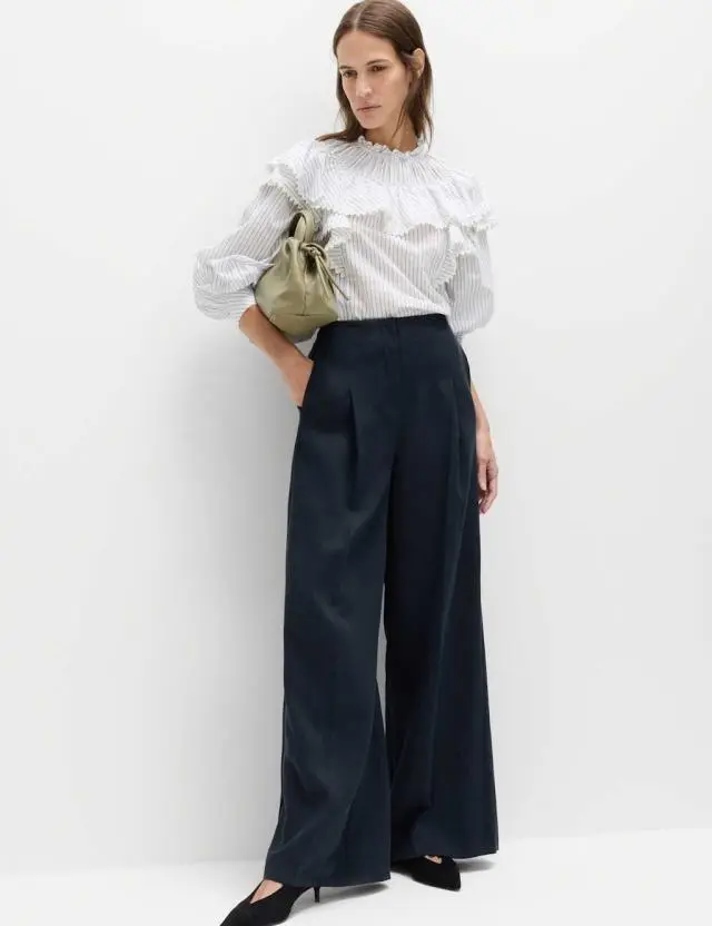 M&S Single Pleat Wide Leg Trousers with Linen Midnight Navy