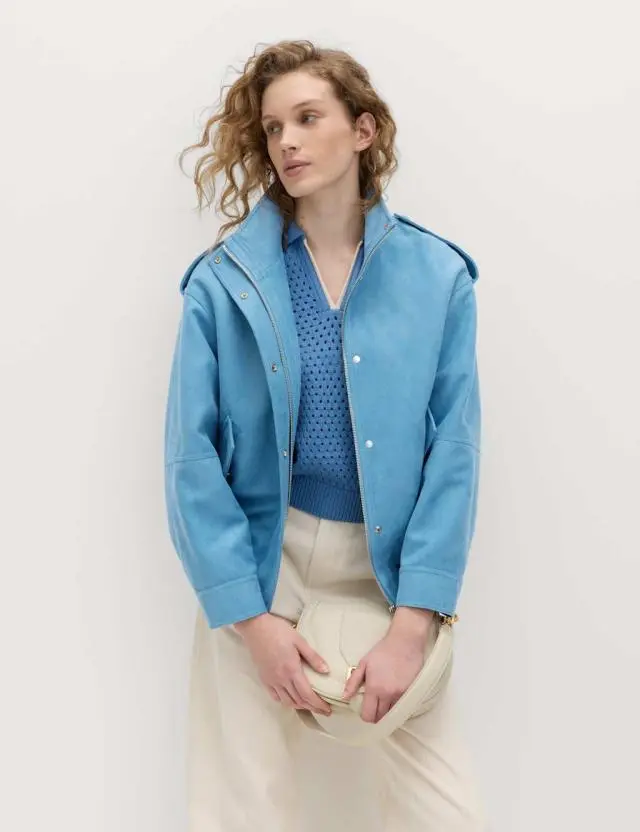 M&S Suedette Funnel Neck Bomber Jacket Mid Blue