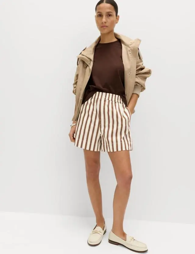 M&S Pure Cotton Poplin High Waisted Shorts Ecru Mix