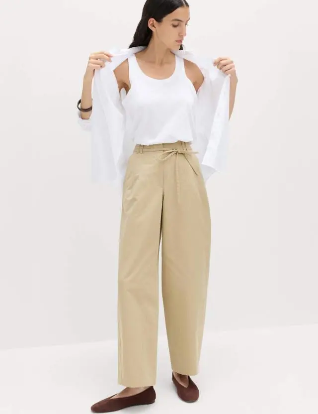 M&S Pure Cotton Barrel Leg Trousers Beige