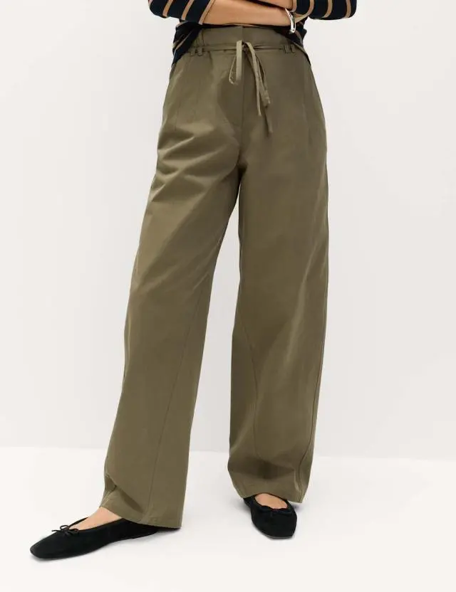 M&S Pure Cotton Barrel Leg Trousers Dark Khaki