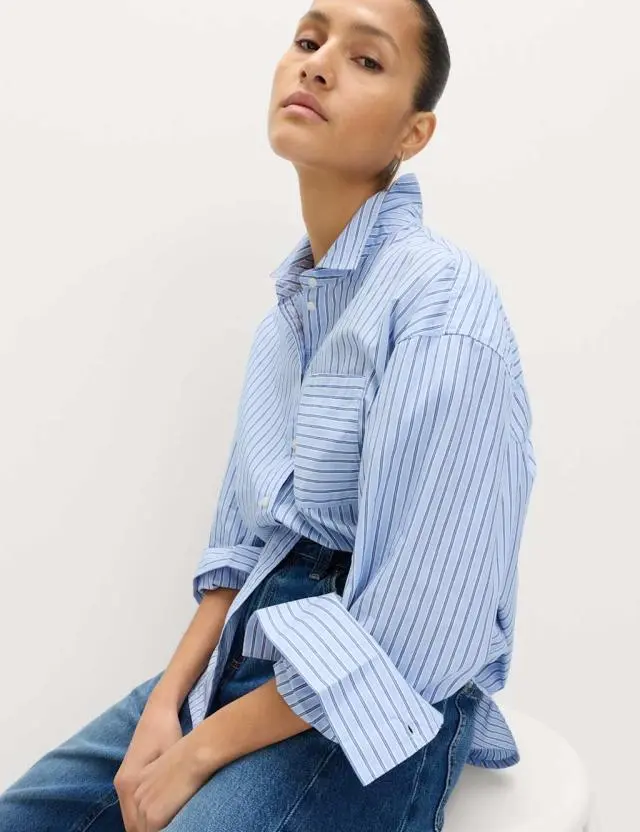 M&S Pure Cotton Striped Shirt Blue Mix