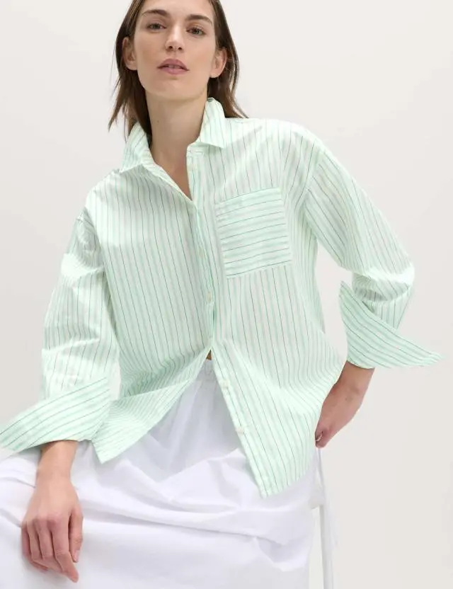 M&S Pure Cotton Striped Shirt Green Mix