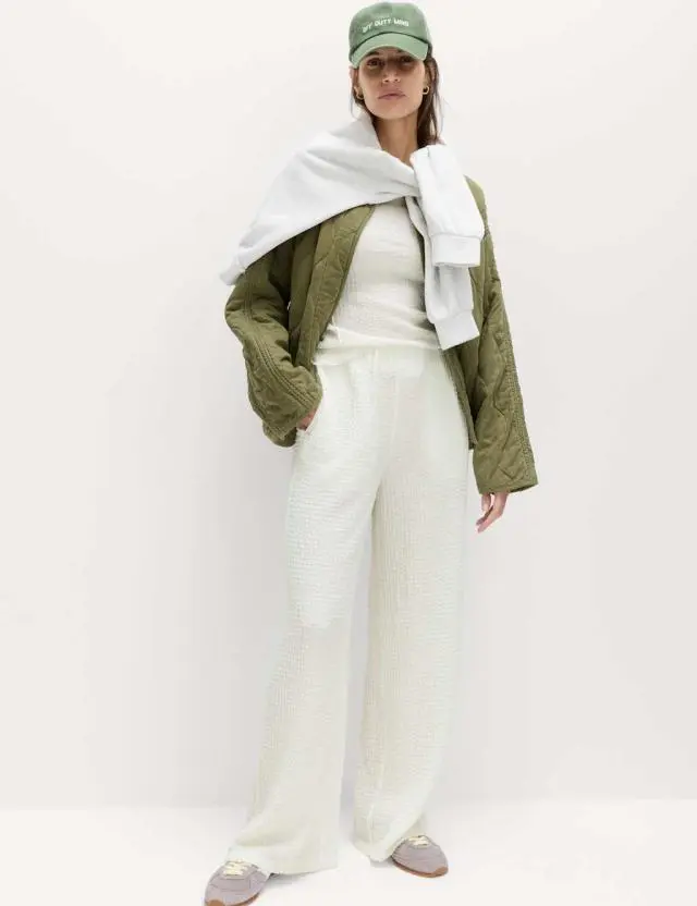 M&S Textured Pull On Wide Leg Trousers Ivory