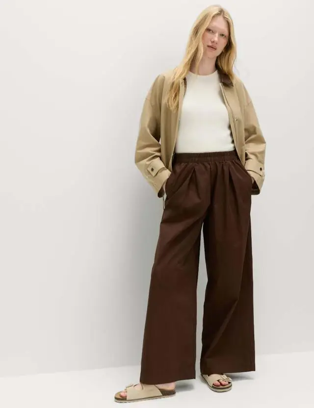 M&S Pure Cotton Poplin Pull On Super Wide Leg Trousers Bitter Chocolate