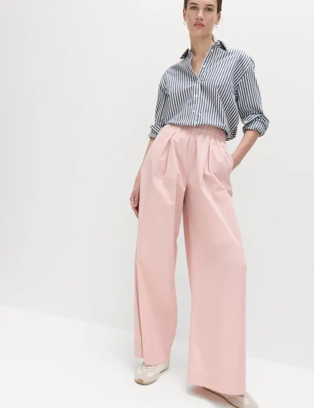 M&S Pure Cotton Poplin Pull On Super Wide Leg Trousers Pink Shell
