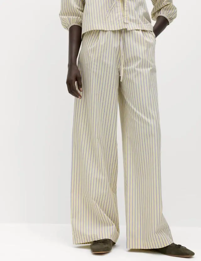 M&S Pure Cotton Striped Drawstring Wide Leg Trousers Yellow Mix