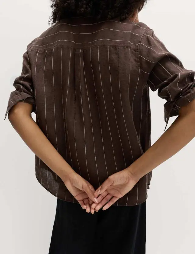 M&S Pure Linen Striped Shirt Dark Brown Mix
