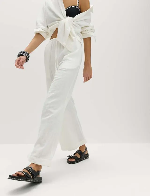 M&S Pure Cotton Drawstring Beach Trousers Soft White